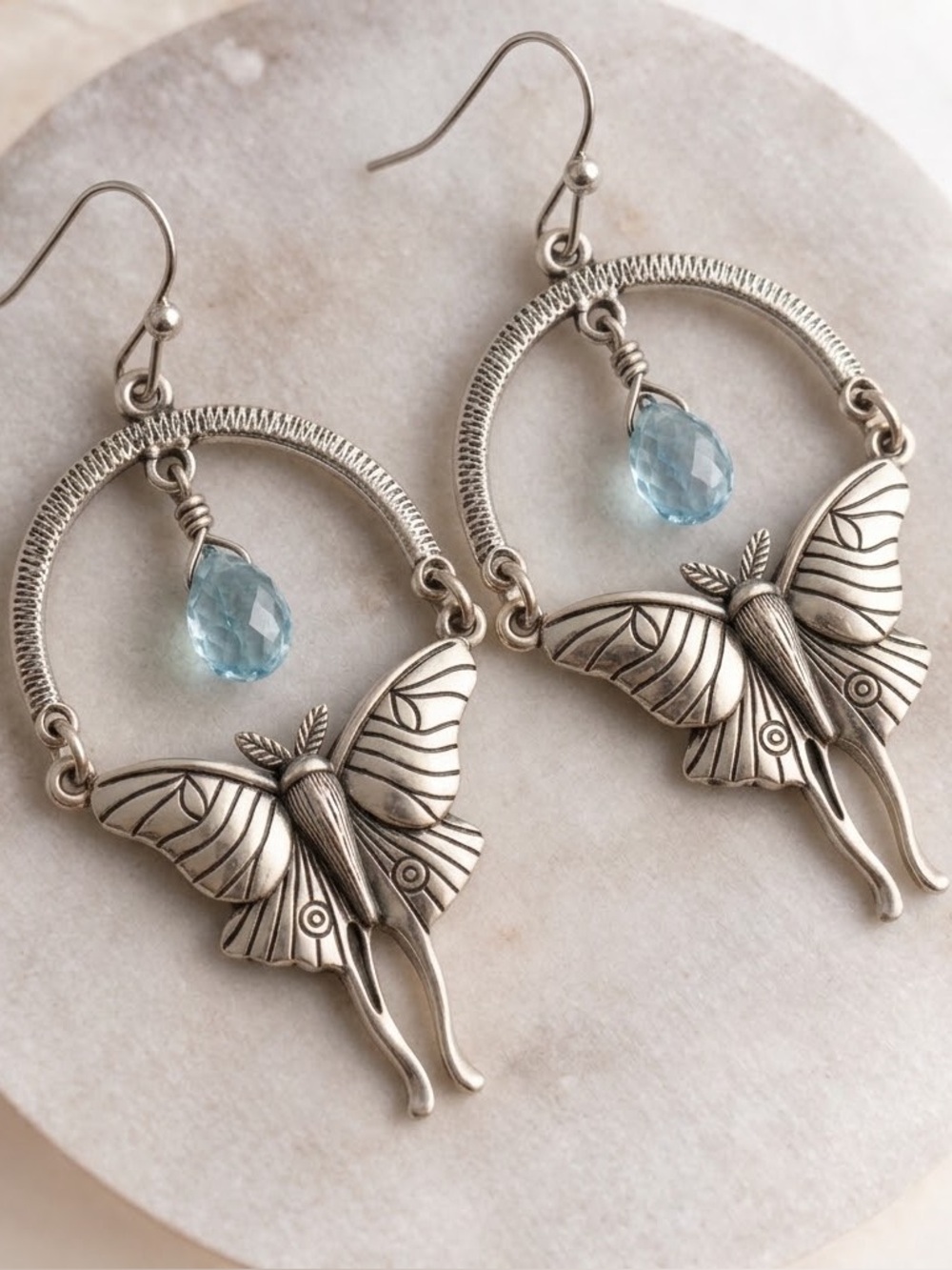 “Leonora” Whimsical Fairy Moth Butterfly Frog Hybrid Sapphire Tear Silver Dangle